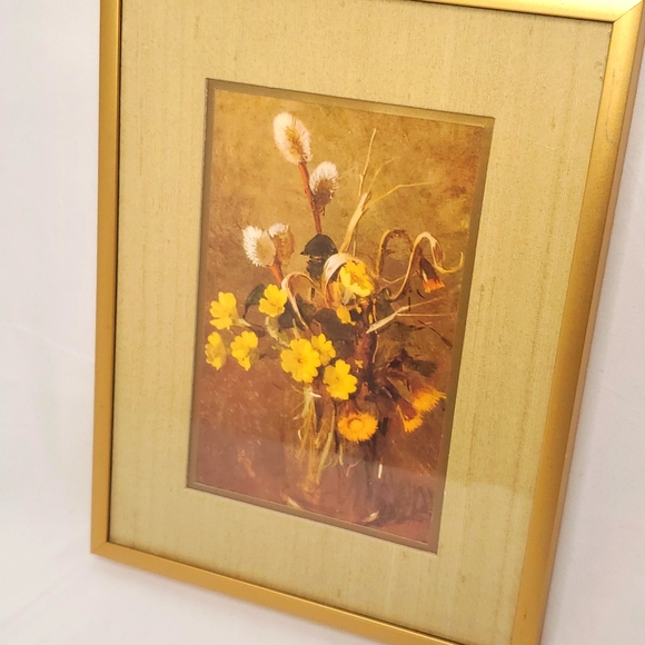 Framed Floral Art Mini Print Yellow with Gold Tone Frame - Picture 2 of 5